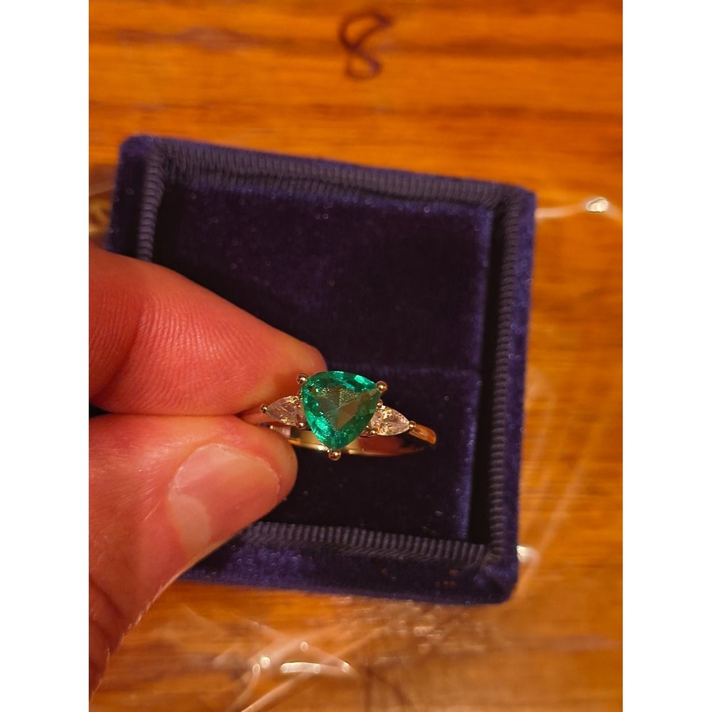 925 Sterling Silver Trillion Green Emerald Cut CZ Three Stone Ring Size 9.25